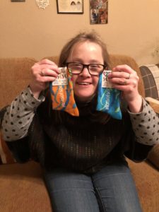 Emma Bishop with mis-matched socks 