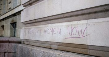 Protect Women Now graffiti in Westminister as part of Reclaim the Streets Protest
