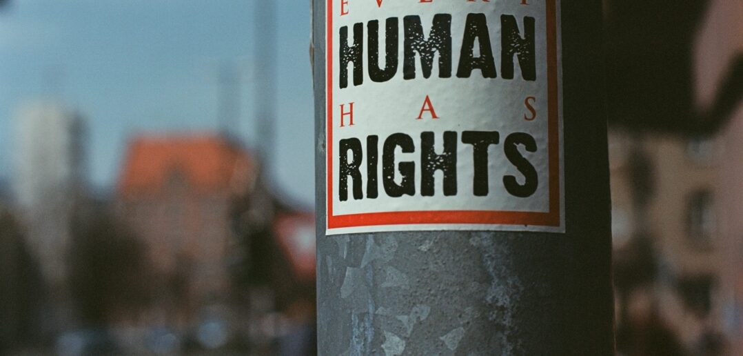 Urban street art sticker with the text "EVERY HUMAN HAS RIGHTS"