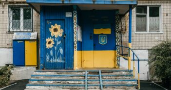 A blue and yellow building depicting the Ukrainian flag in Kiev, Ukraine